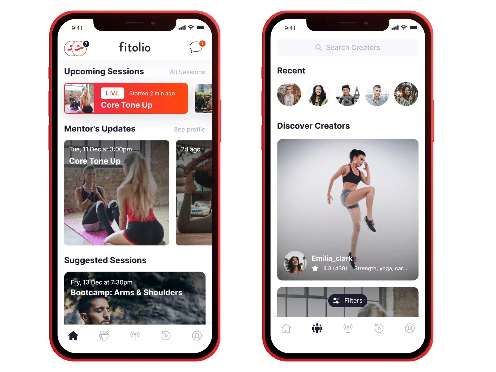 Fitolio live-streaming fitness app on two iPhones, showing upcoming sessions and the creator discovery screen