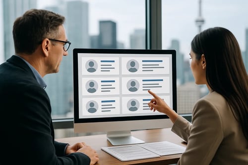 Deux professionnels dans un bureau moderne consultent des profils d’entreprises de développement d’applications à Toronto sur un écran d’ordinateur 
