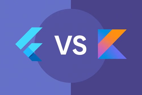 Comparaison visuelle sans texte entre Flutter et Kotlin Multiplatform, illustrée par deux systèmes mobiles opposés