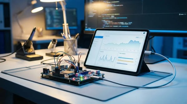 Close-up of a full-stack IoT prototype in an engineering lab, showing a circuit board physically connected to a tablet displaying real-time data analytics.
