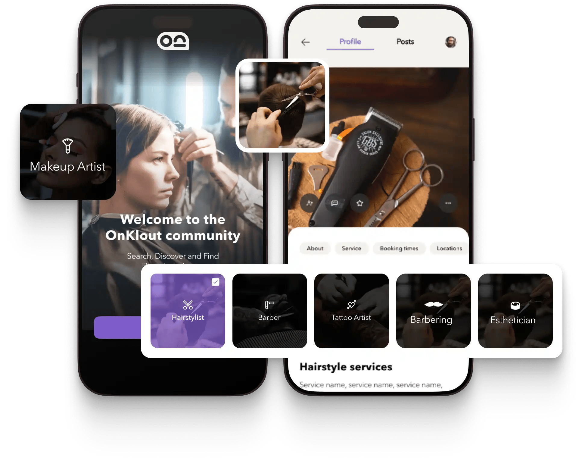 Aperçu d'une application mobile dédiée aux professionnels de la beauté avec interface pour coiffeurs, maquilleurs et esthéticiens