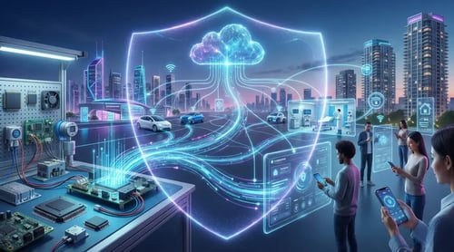 Visualisation futuriste d'un écosystème IoT full-stack sécurisé, montrant l'intégration de composants matériels bruts, d'infrastructures cloud et d'applications mobiles natives dans un contexte de ville intelligente.