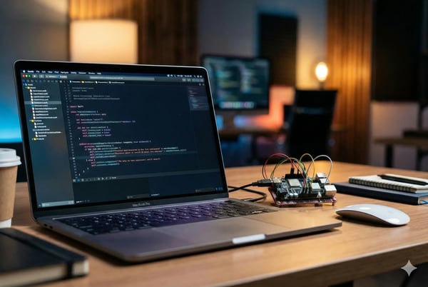 IoT developer workspace with Swift code and electronic components for mobile applications.