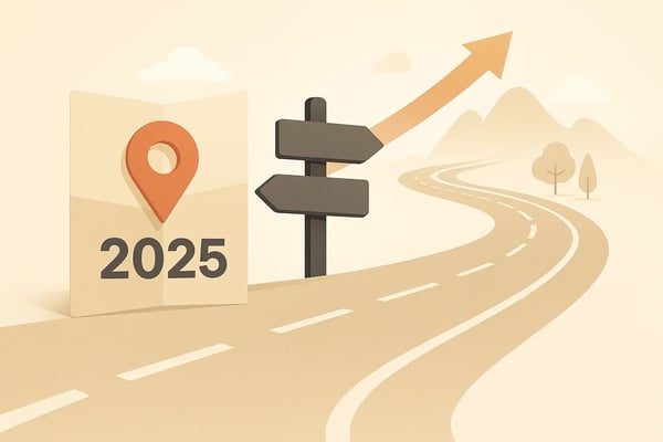 Illustration showing a roadmap representing the future of Kotlin Multiplatform with symbols of progress, Android and iOS integration, and technological growth toward 2025