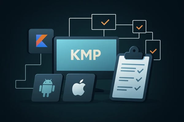 Illustration showing Kotlin Multiplatform shared codebase connecting Android and iOS apps in a modern cross-platform architecture