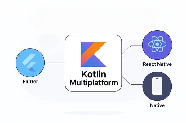 Diagram comparing Kotlin Multiplatform with Flutter, React Native, and Native app development approaches.