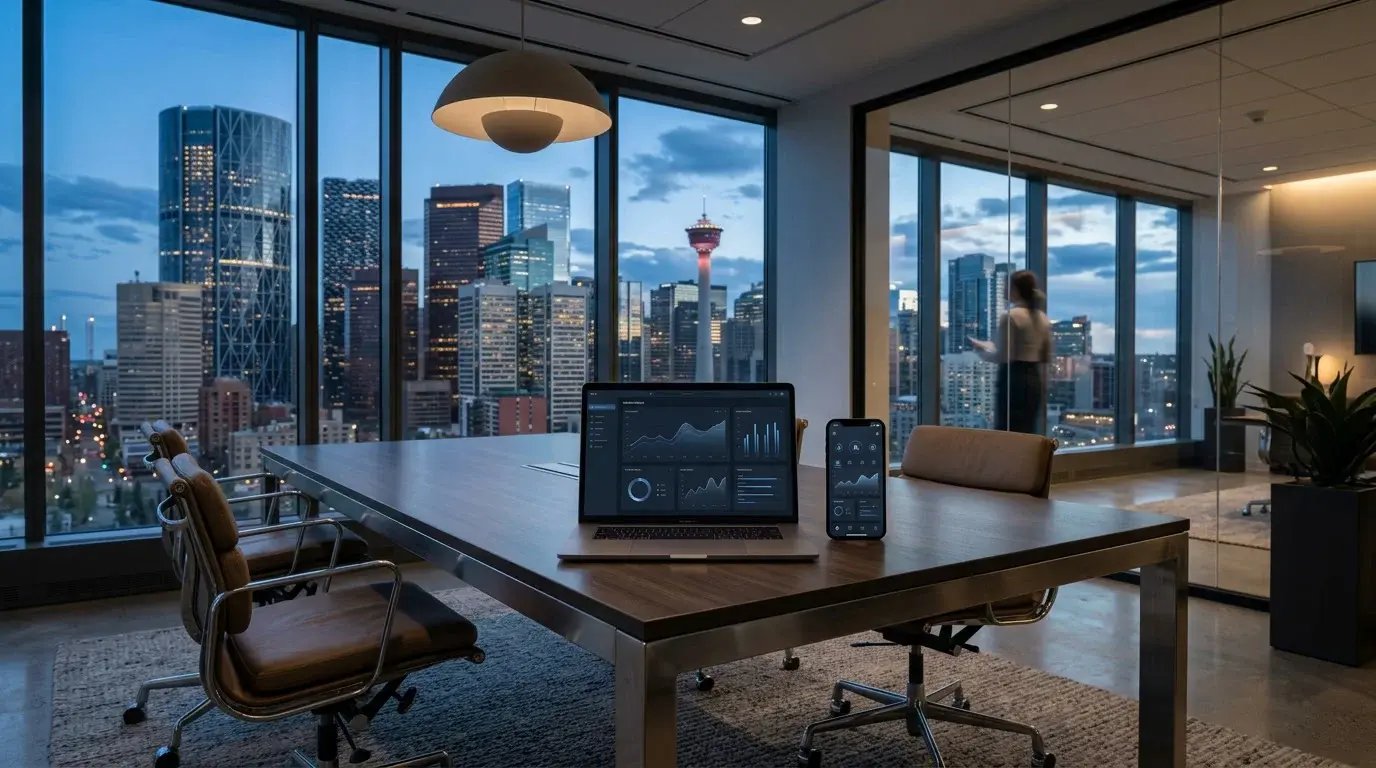 High-end Calgary office with skyline view, laptop and smartphone displaying app interfaces on a conference table High-end Calgary office with skyline view, laptop and smartphone displaying app interfaces on a conference table