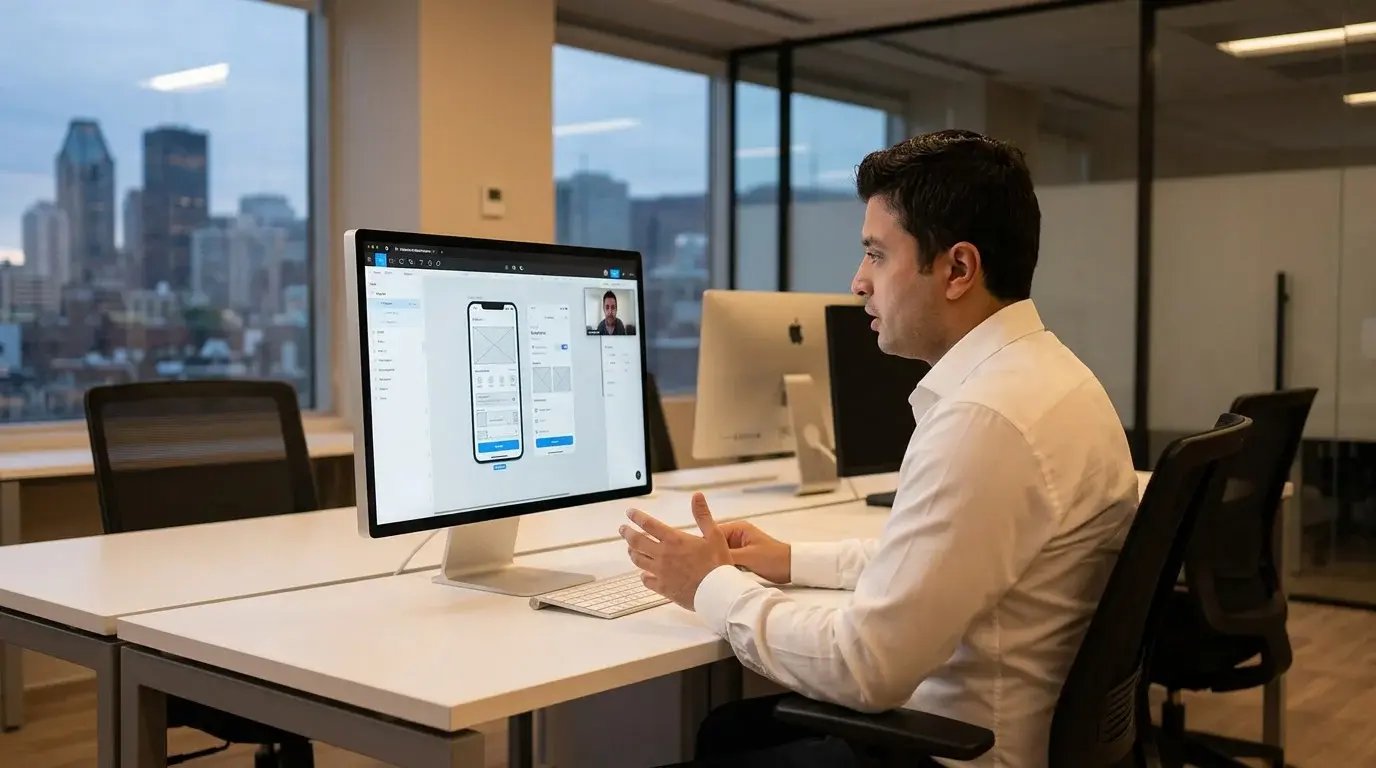 Guaraná Technologies developer presenting a mobile app wireframe to a Vancouver client during a video call