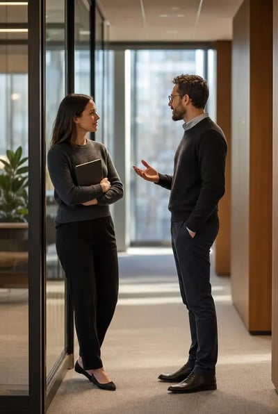 Two professionals talking in an office corridor while choosing a mobile app development partner in Toronto
