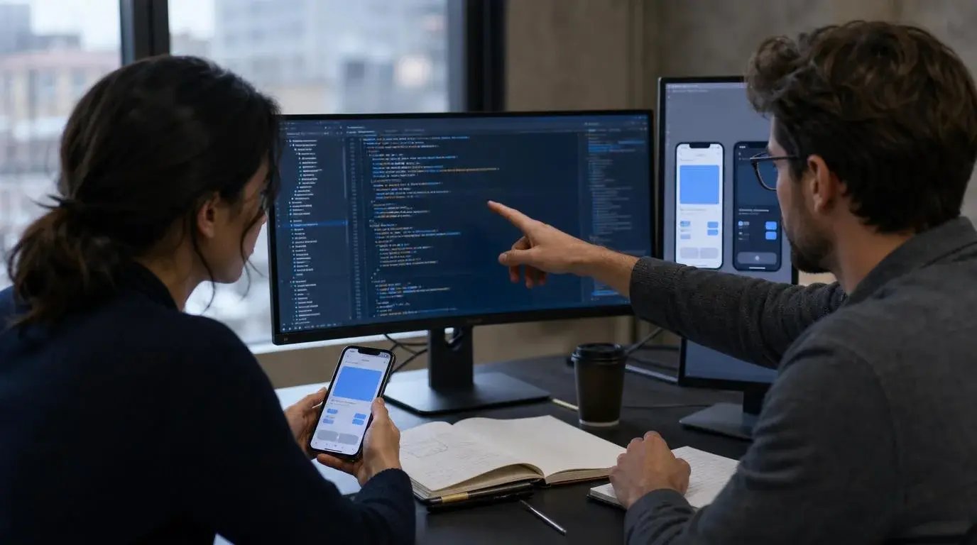 Two developers reviewing code and app screens during a mobile app development session in Toronto