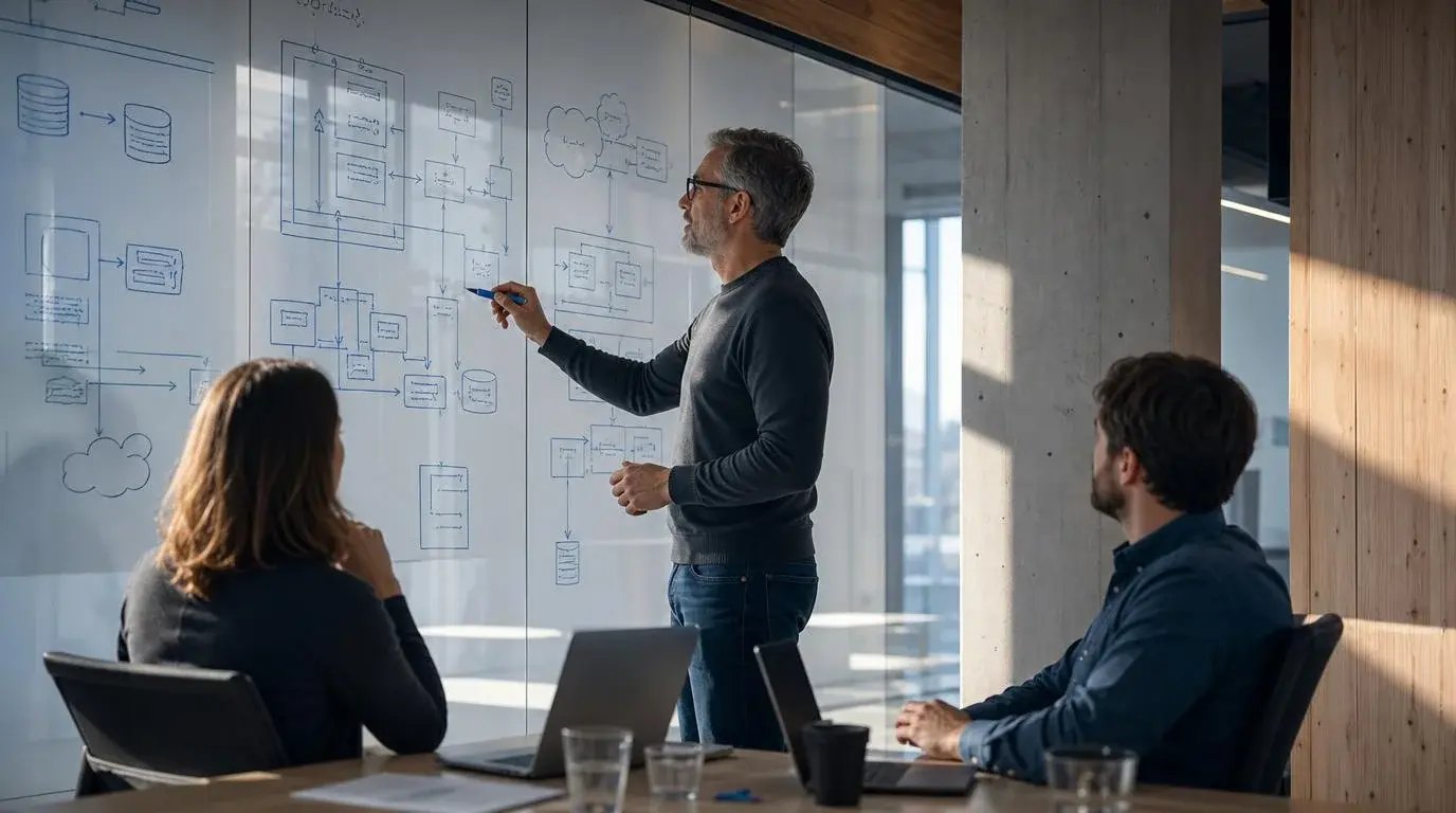 Engineer presenting a system architecture diagram to two colleagues during a mobile app development session in Toronto