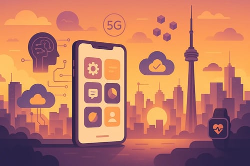 Paysage urbain futuriste avec interfaces d’applications numériques et éléments technologiques connectés, illustrant l’innovation mobile à Toronto – Les pensées de Lily