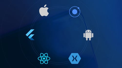 Icones de React, Ionic, Flutter, Apple, Android sur un fond bleu
