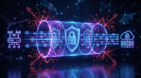 Abstract visualization of secure end-to-end IoT encryption, showing data packets moving safely through a shielded tunnel from device to cloud while deflecting cyber threats.