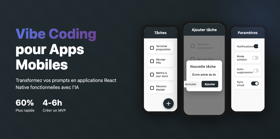 Illustration vibe coding : interfaces mobiles React Native créées avec IA montrant 3 écrans d'application