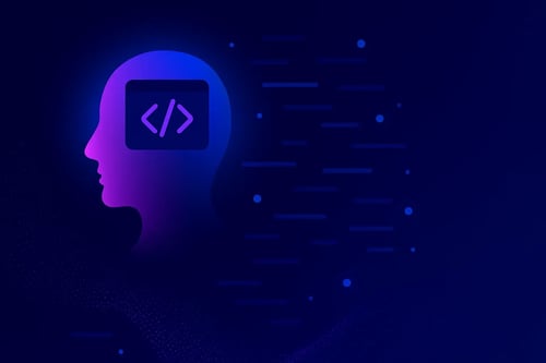 Futuristic illustration of a human profile in purple and blue gradient with a code icon inside the head, on an abstract digital background