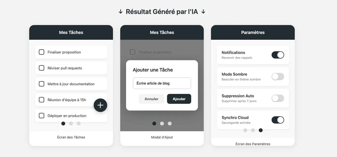 Trois écrans d'application mobile montrant une application React Native de tâches générée avec vibe coding : liste de tâches, modal d'ajout de tâche et écran de paramètres avec style Material Design
