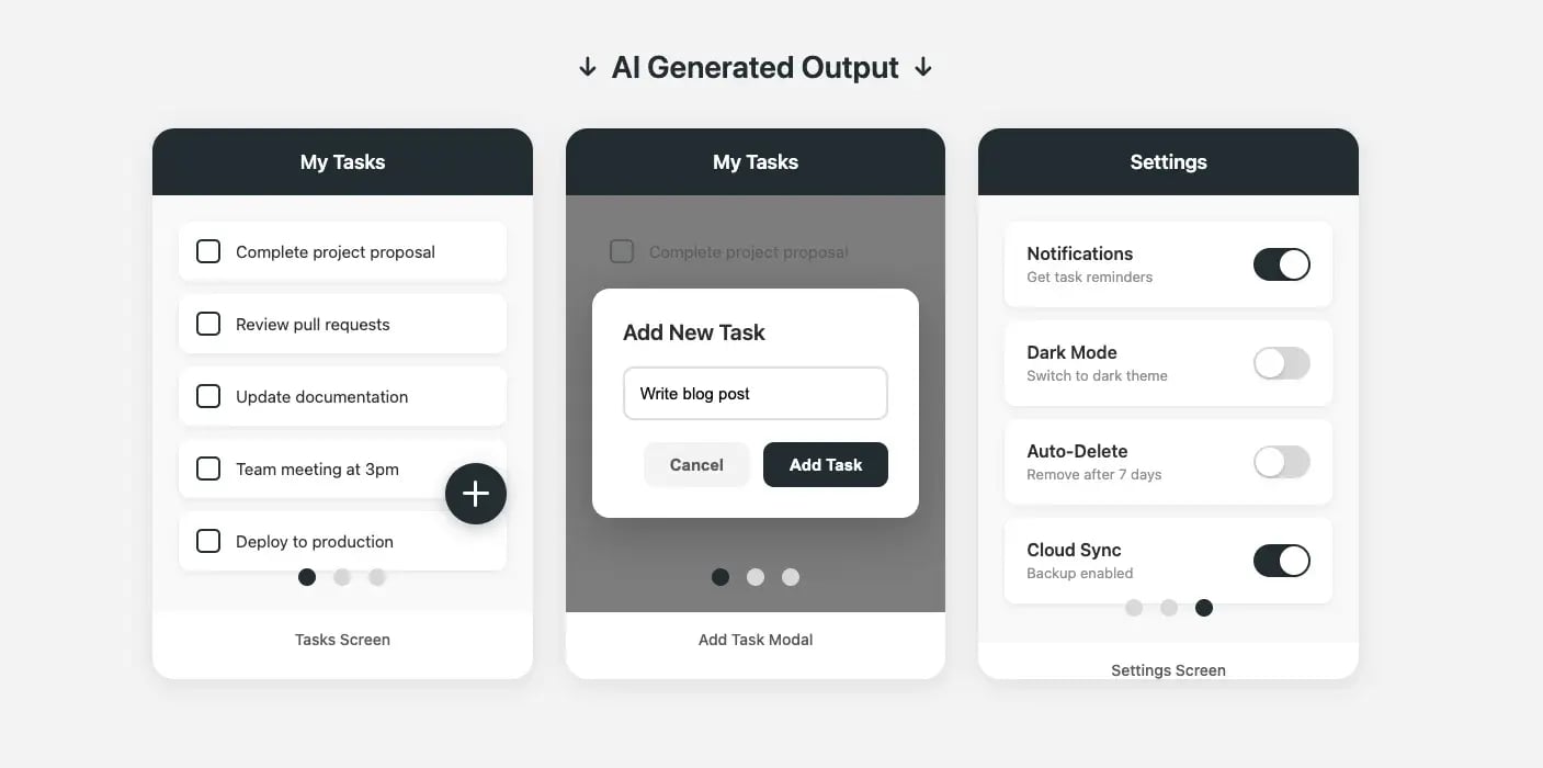 Three mobile app screens showing a React Native to-do app generated with vibe coding: tasks list, add task modal, and settings screen with Material Design styling