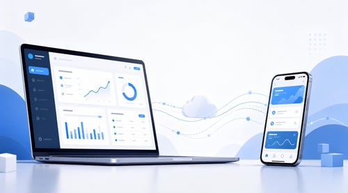 Web app displayed on laptop screen next to mobile app on smartphone, showing dashboard interfaces with data visualization and cloud connectivity