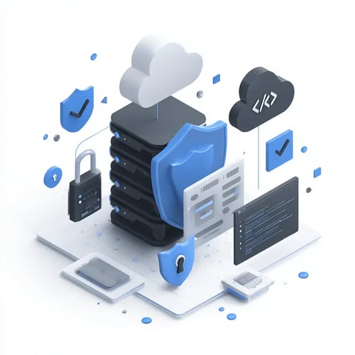 Illustration d'infrastructure sécurisée : serveur, bouclier, cadenas et cloud représentant la sécurité des applications web