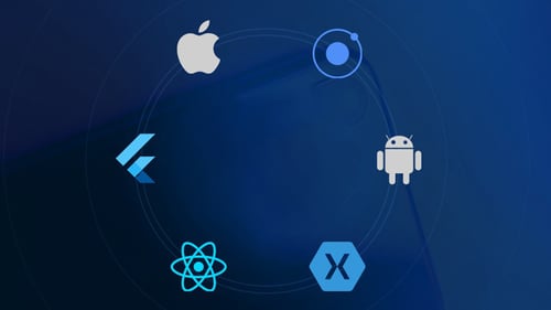 Icons of React, Ionic, Flutter, Apple, Android on a blue background