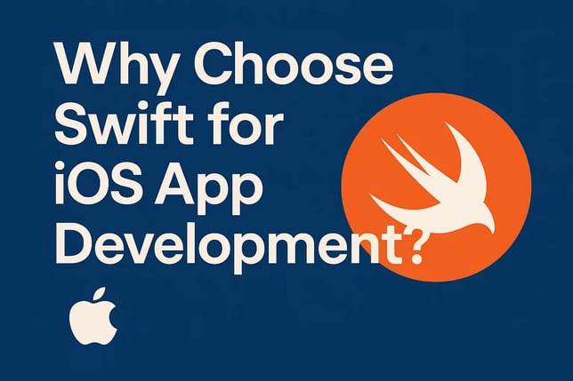 Text graphic reading “Why Choose Swift for iOS App Development?” with the Swift logo in an orange circle and Apple logo on a blue background.