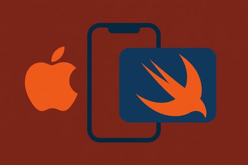 Illustration minimaliste du développement d’applications iOS avec les logos Apple et Swift orange et une icône de smartphone sur fond sombre.