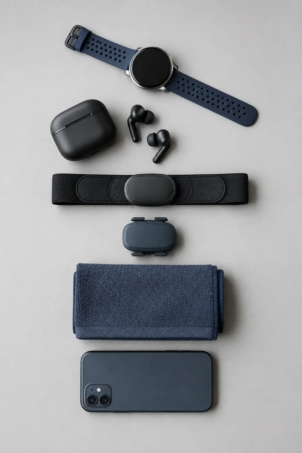 Smartwatch, earbuds, heart rate strap, Bluetooth sensor and phone arranged for fitness app development