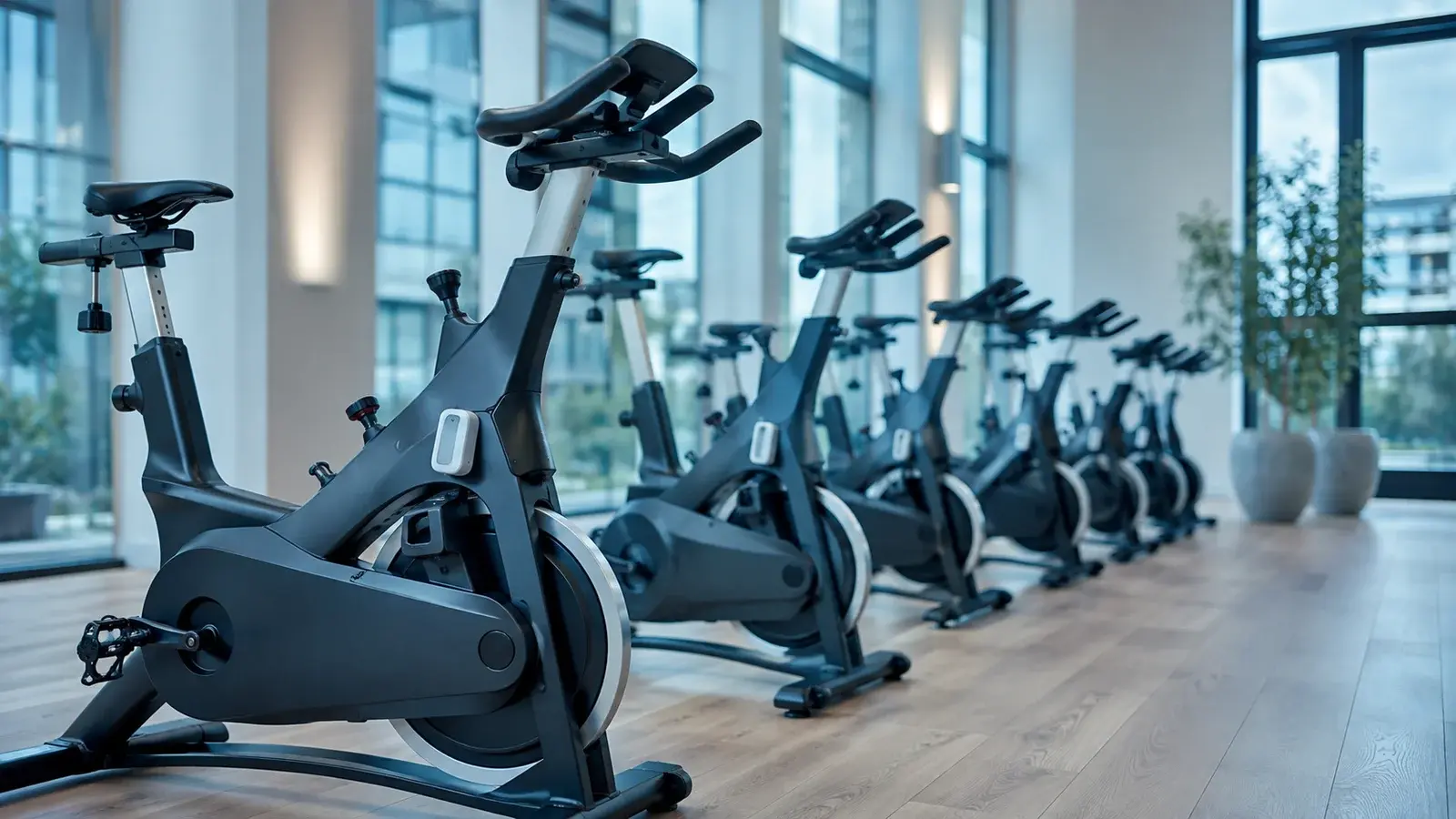 Row of connected indoor cycling bikes with sensors in a modern fitness studio