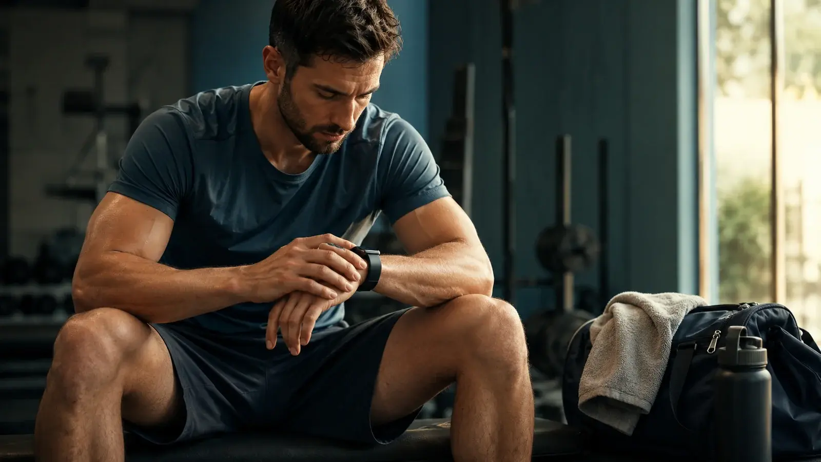 Athlete checking a smartwatch between sets, the daily habit a fitness app has to support