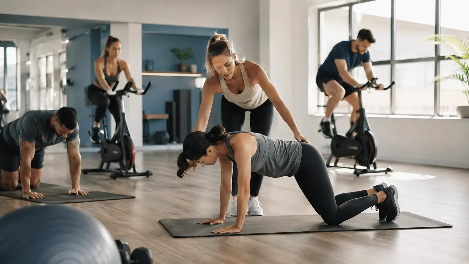 Coach correcting a member's posture during a group session in a boutique fitness studio