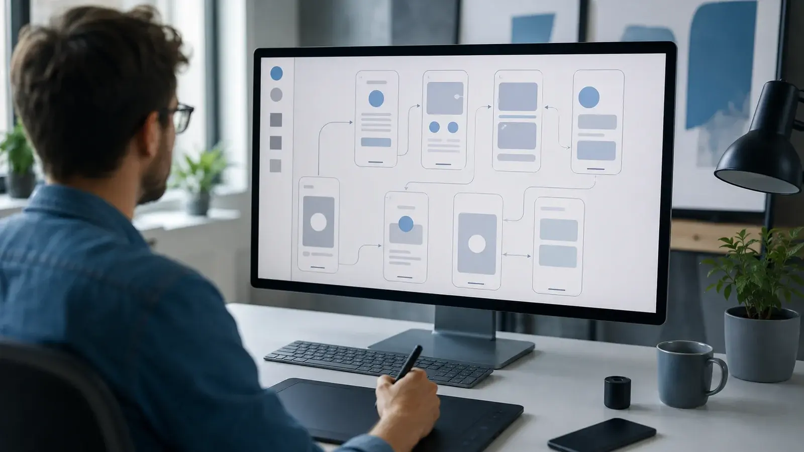 UX designer mapping app screens and user flows on a design canvas before fitness app development