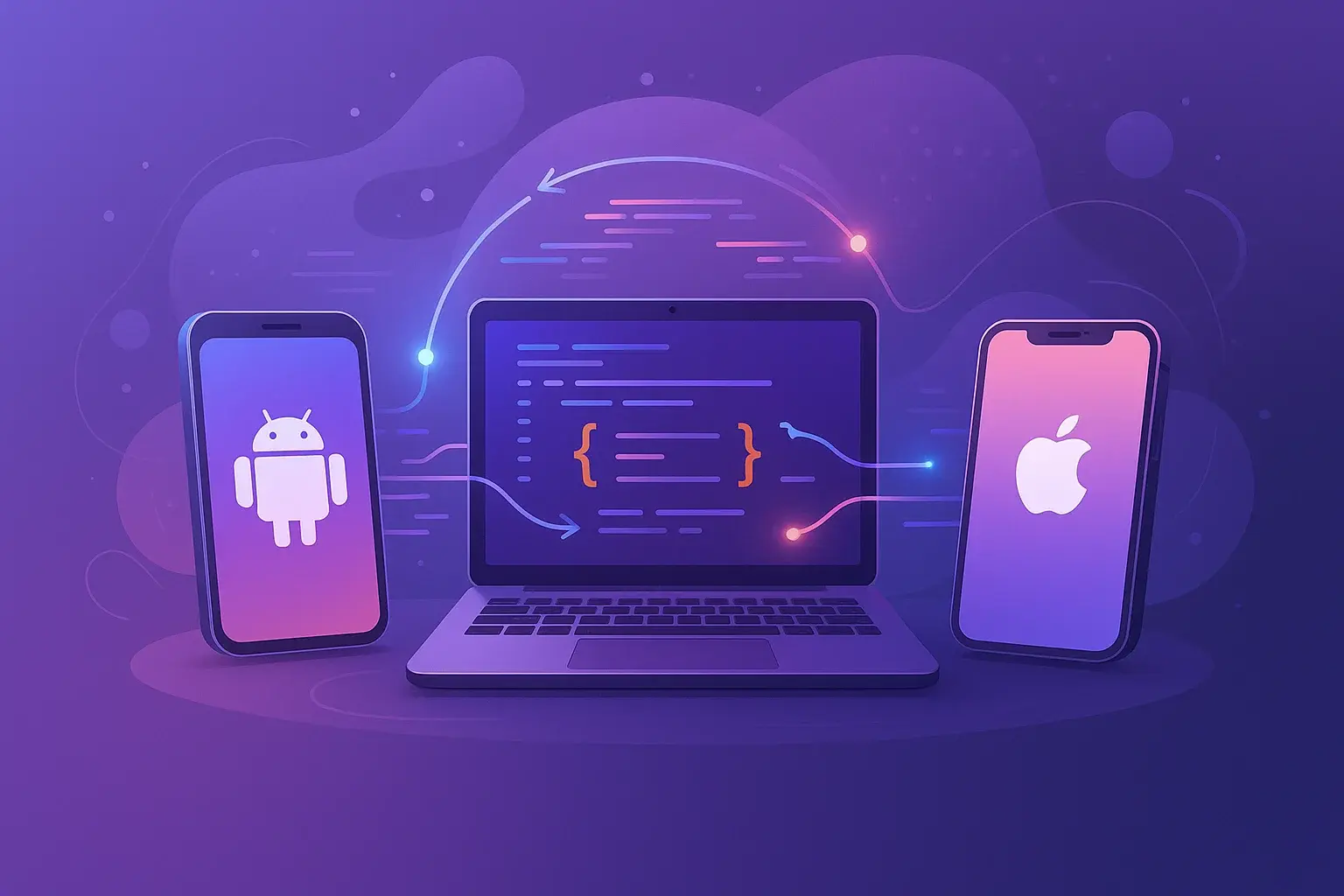 Illustration showing Kotlin Multiplatform app development with shared code between Android and iOS using a laptop and mobile devices.