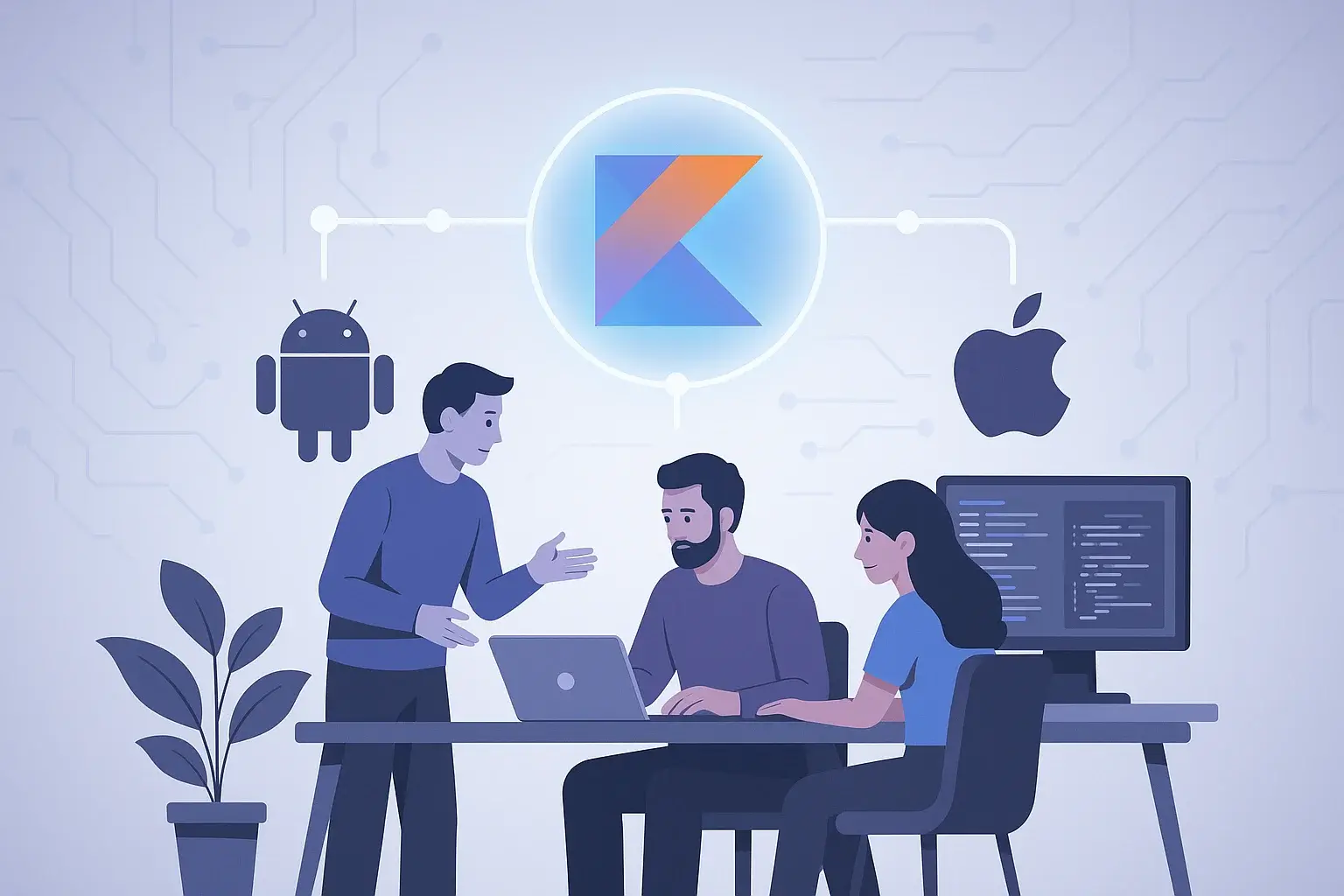 Illustration showing Kotlin Multiplatform development for Android and iOS in 2025, symbolizing readiness for production environments