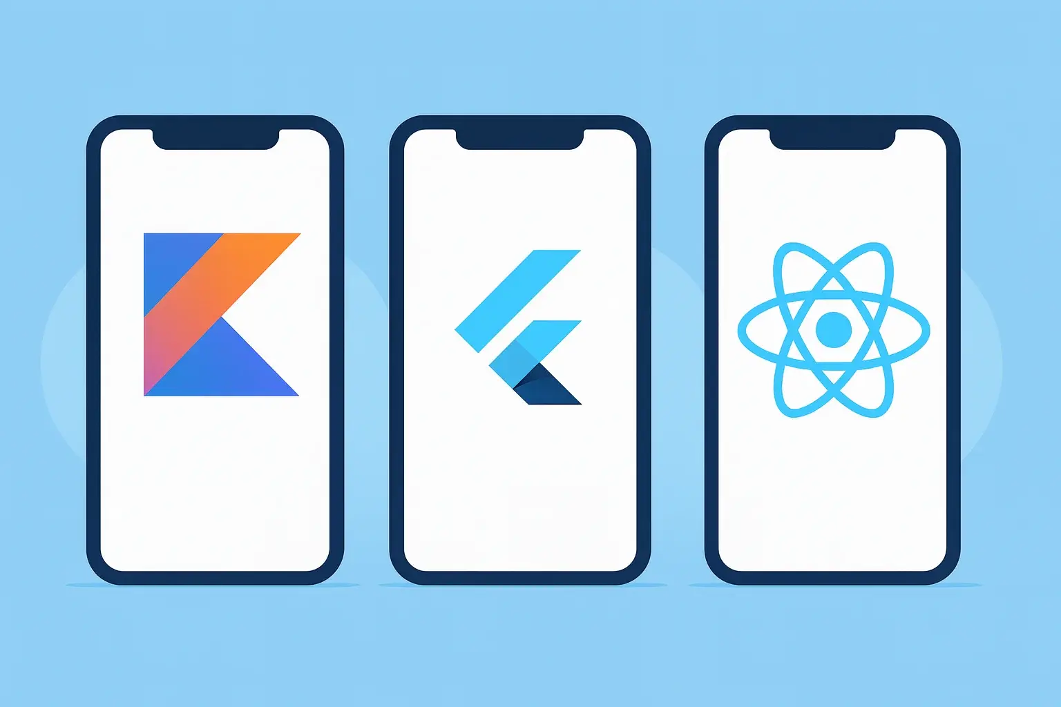 Illustration comparing Kotlin Multiplatform, Flutter, and React Native for cross-platform mobile development