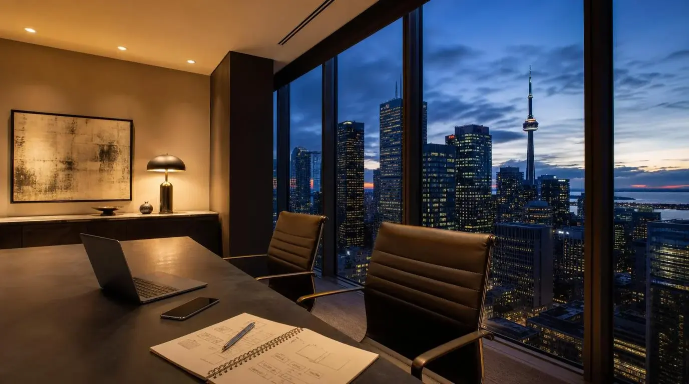 Meeting room overlooking the Toronto skyline at dusk with a laptop and a scoping notebook on the table