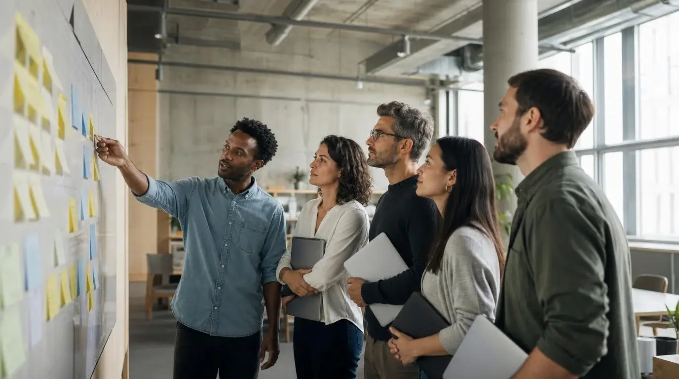 Five colleagues planning a sprint on a sticky note board during a mobile app development project in Toronto