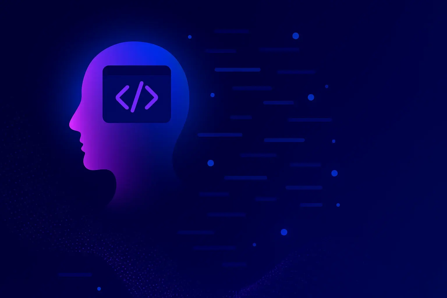 Futuristic illustration of a human profile in purple and blue gradient with a code icon inside the head, on an abstract digital background